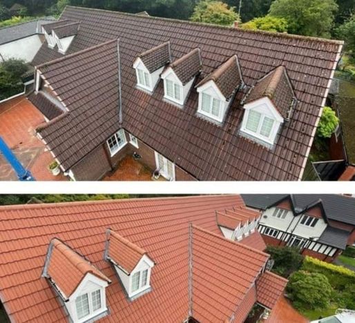 Birds eye view of a complete roof tile transformation in Ollerton Nottingham by RnC Roof Cleaning